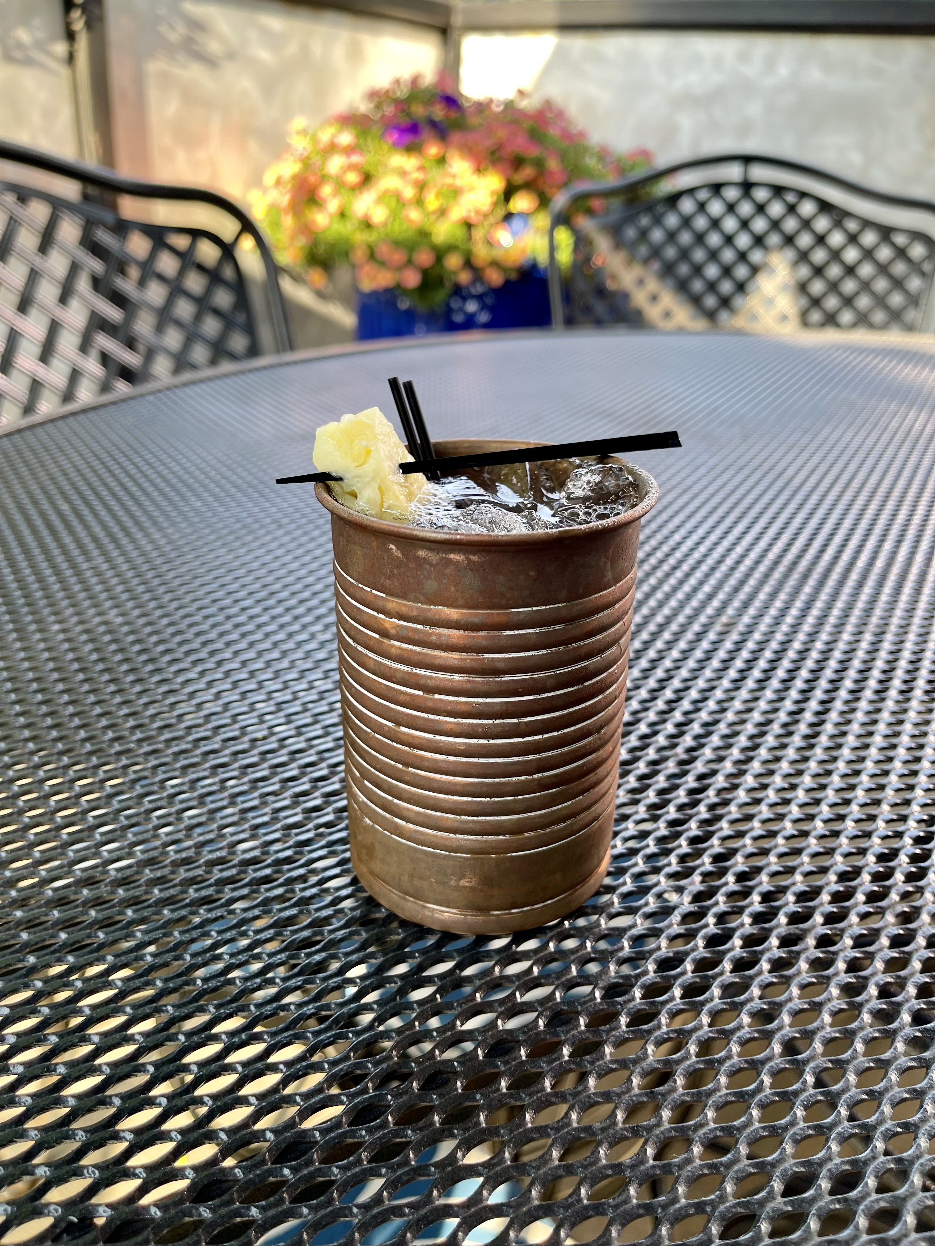 Mantra Mule in copper tin cup on the patio
